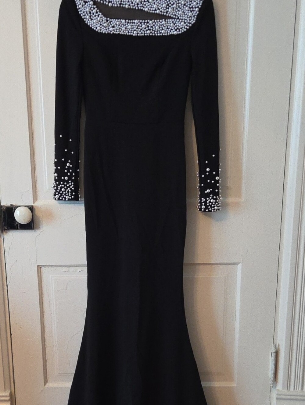 Black Long-Sleeve Evening Dress with Pearl Embellishment